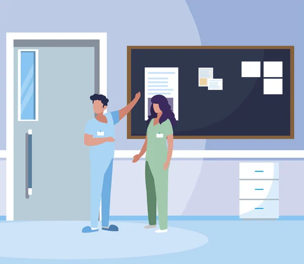 Pár pracovníků s léky s uniformní v nemocničním koridoru — Stockový vektor