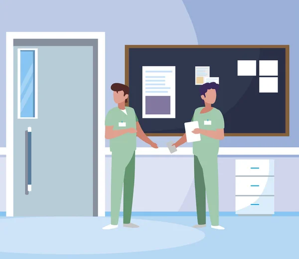 Hastane koridorunda üniformalı erkek tıp işçileri — Stok Vektör