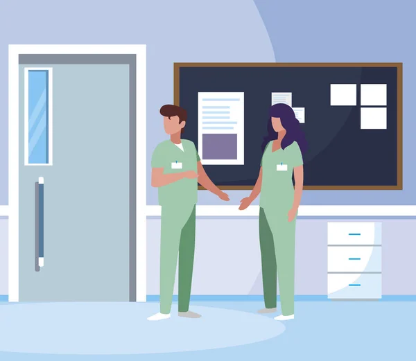Ζευγάρι εργάτες ιατρικής με στολή στο διάδρομο του νοσοκομείου — Διανυσματικό Αρχείο