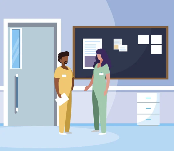 Διαφυλετικός ζευγάρι ιατρική εργάτες στο διάδρομο του νοσοκομείου — Διανυσματικό Αρχείο