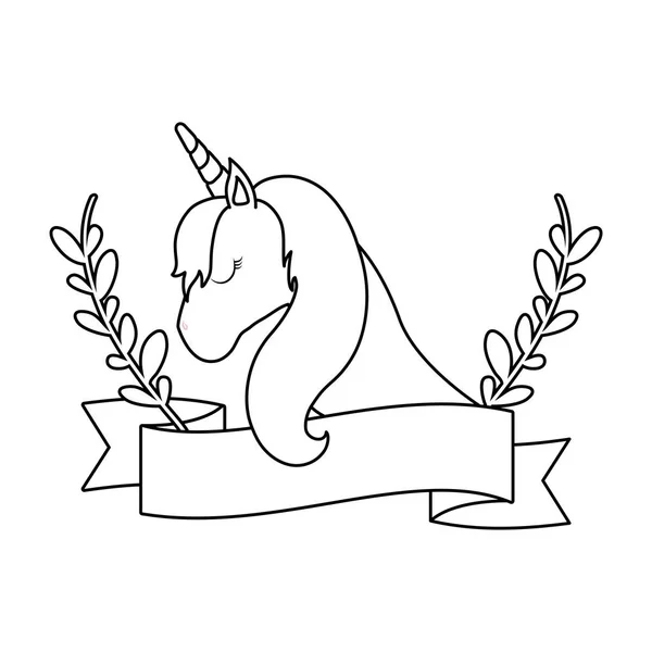 Голова милий єдиноріг зі стрічкою і гілками листя — стоковий вектор