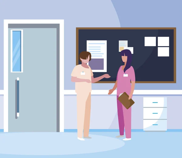 Hastane koridorunda kadın tıp işçileri — Stok Vektör