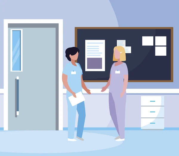 Travailleuses en médecine dans le couloir hospitalier — Image vectorielle