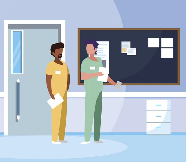 Interracial mannelijke geneeskunde werknemers in ziekenhuis corridor — Stockvector