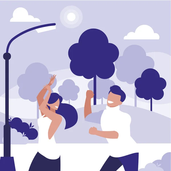 Fiatal pár táncol a parkban karakterek — Stock Vector