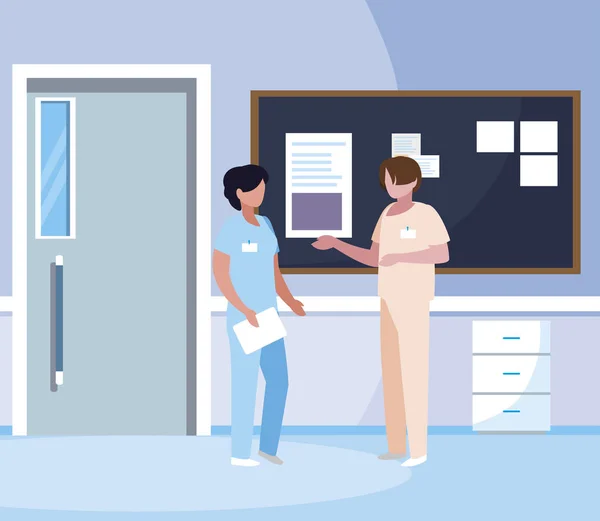 Couple de travailleurs en médecine avec uniforme dans le couloir de l'hôpital — Image vectorielle