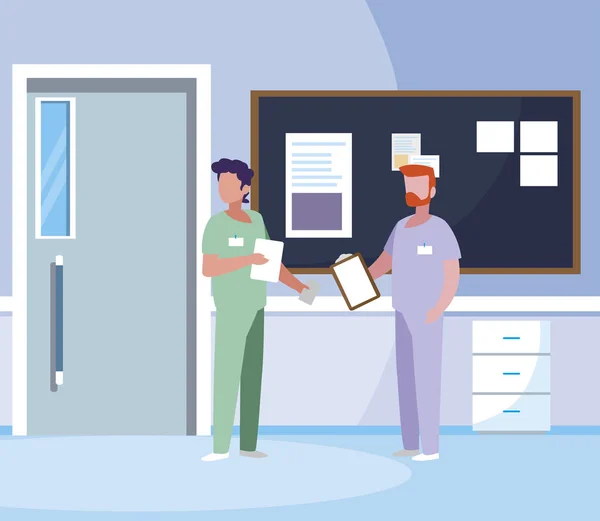 Hastane koridorunda üniformalı erkek tıp işçileri — Stok Vektör