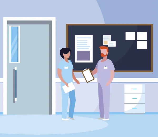 Pár pracovníků s léky s uniformní v nemocničním koridoru — Stockový vektor