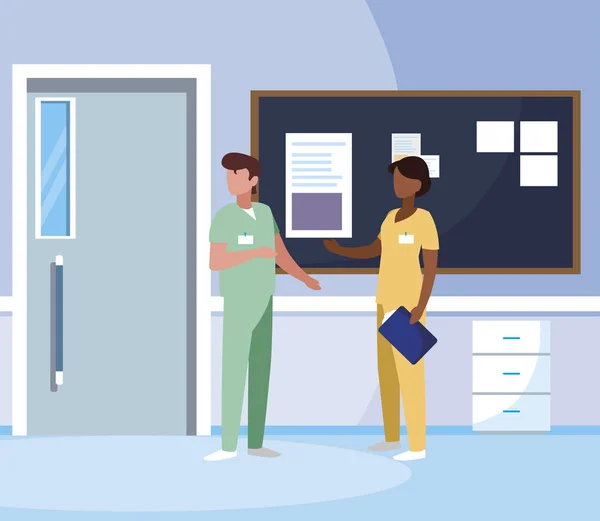 Couple interracial travailleurs de la médecine dans le corridor de l'hôpital — Image vectorielle