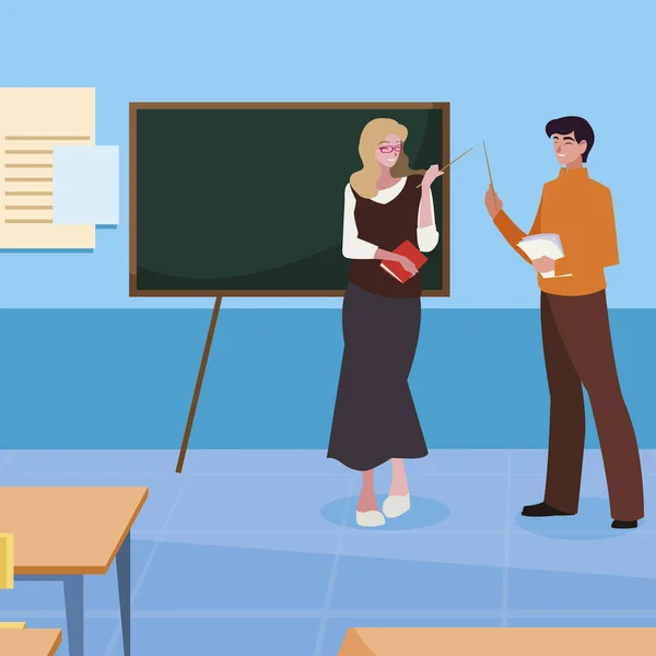 Enseignants couple dans la salle de classe personnages — Image vectorielle
