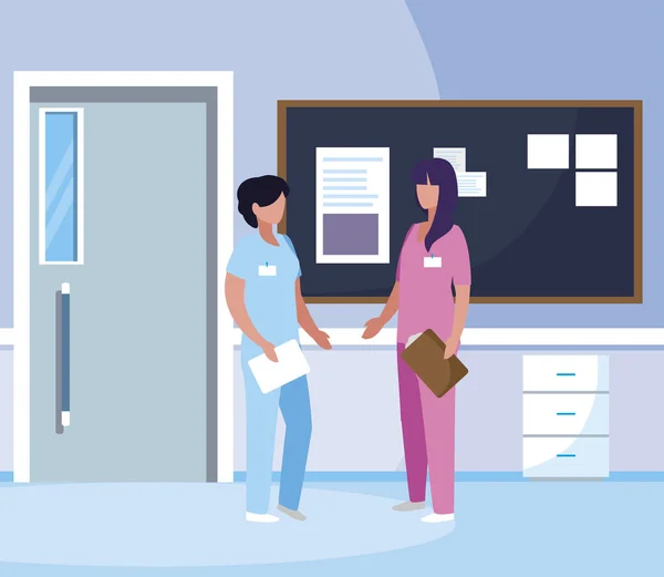 Hastane koridorunda kadın tıp işçileri — Stok Vektör