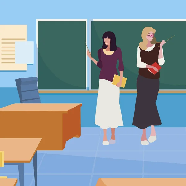 Mujeres maestras pareja con en el aula — Vector de stock