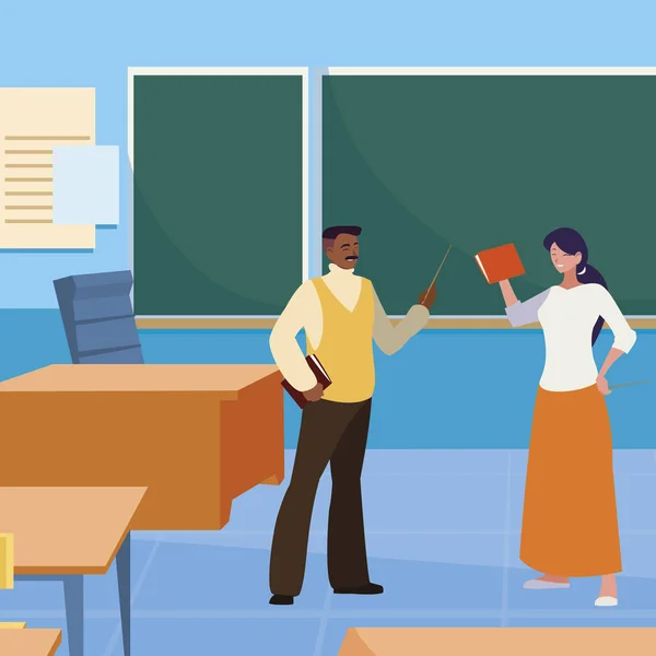 Interracial enseignants couple dans la salle de classe personnages — Image vectorielle