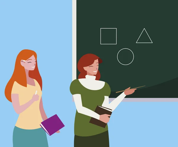 Vrouwelijke leraren paar met studieboeken en schoolbord — Stockvector