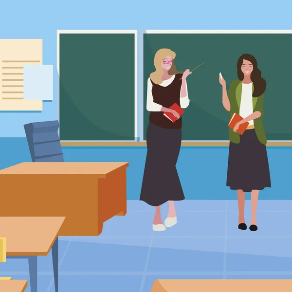 Mujeres maestras pareja con en el aula — Vector de stock