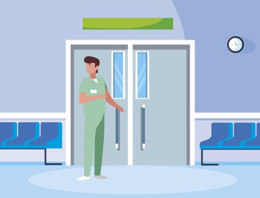 asansör kapı üniformalı erkek tıp işçisi