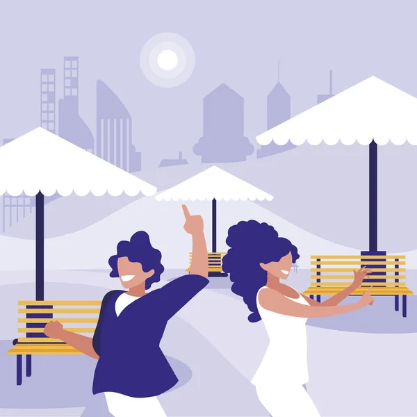 Young couple dancing in the park characters — Stock vektor