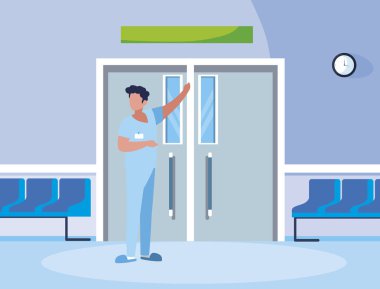 asansör kapı üniformalı erkek tıp işçisi