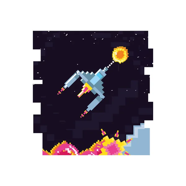 Video game spaceship flying in stage scene pixelated — Stock Vector