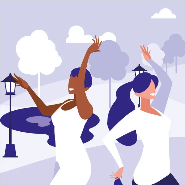 Jong interraciaal meisjes dansen in het park — Stockvector