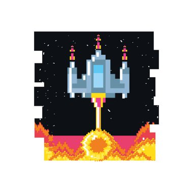 sahne sahnesinde uçan video oyunu uzay gemisi pikselli