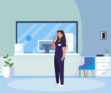 hastane resepsiyonda kadın ilaç işçisi