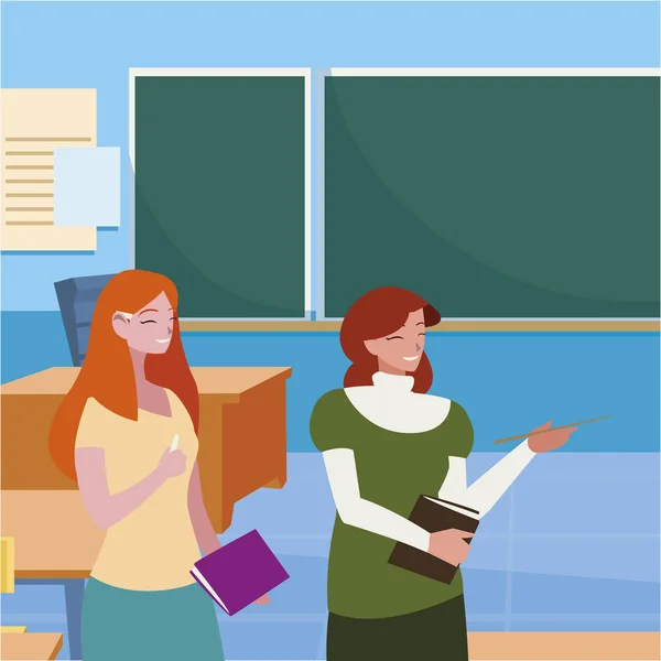 Female teachers couple with in the classroom — Stock Vector