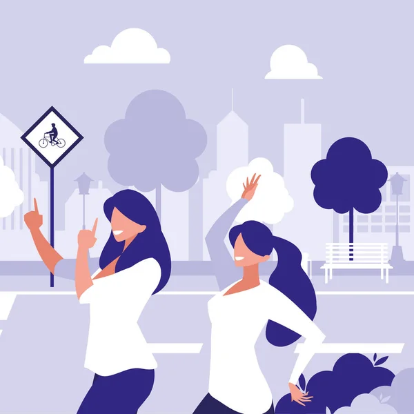 Chicas jóvenes bailando en los personajes del parque — Vector de stock