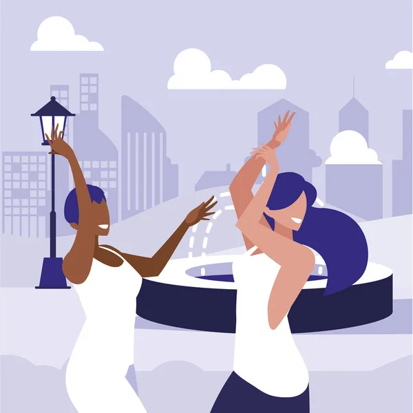 Chicas jóvenes interracial bailando en el parque — Vector de stock