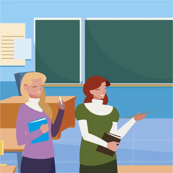 Female teachers couple with in the classroom — Stock Vector