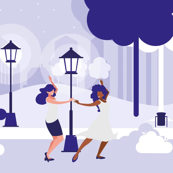 Young interracial girls dancing in the park — Stock Vector