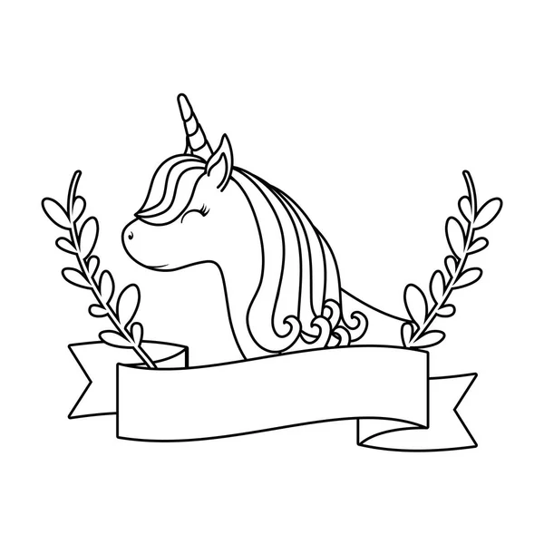 Tête de licorne mignonne avec ruban et branches de feuilles — Image vectorielle