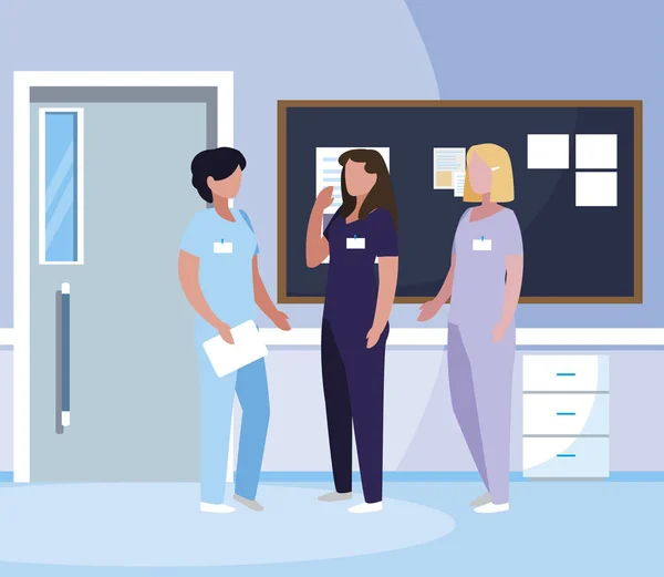 Vrouwelijke geneeskunde werknemers in Hospital corridor — Stockvector