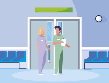 asansör kapıda çift tıp işçileri