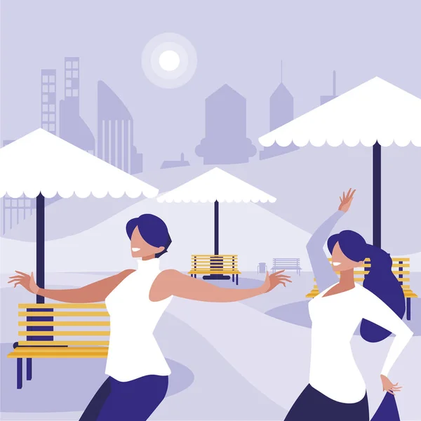 Chicas jóvenes bailando en los personajes del parque — Vector de stock