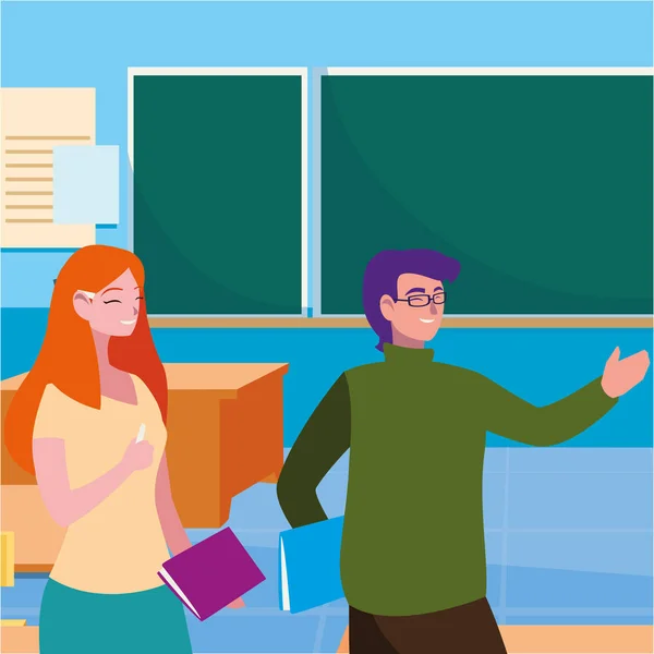 Profesores pareja en el aula personajes — Vector de stock