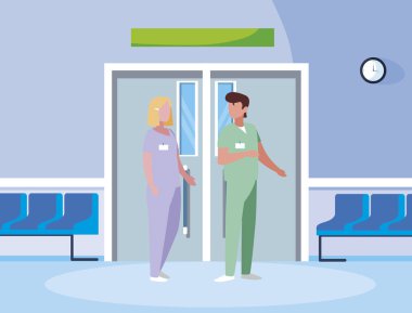 asansör kapıda çift tıp işçileri