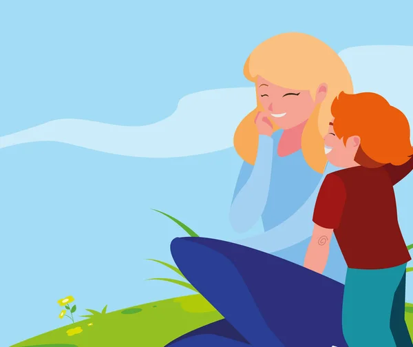 Madre con hijo en el paisaje — Vector de stock