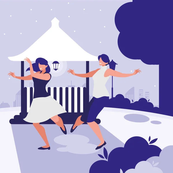 Chicas jóvenes bailando en los personajes del parque — Vector de stock