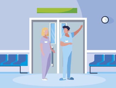 asansör kapıda çift tıp işçileri