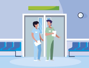 asansör kapıda çift tıp işçileri