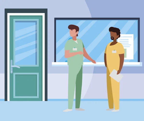 Interracia trabalhadores da medicina do sexo masculino na recepção hospitalar —  Vetores de Stock