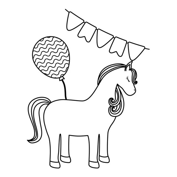 Binatang unicorn lucu dengan karangan bunga dan balon helium - Stok Vektor