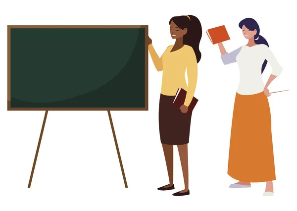 Interracial vrouwelijke leraren paar met studieboeken en schoolbord — Stockvector