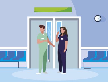 asansör kapıda çift tıp işçileri