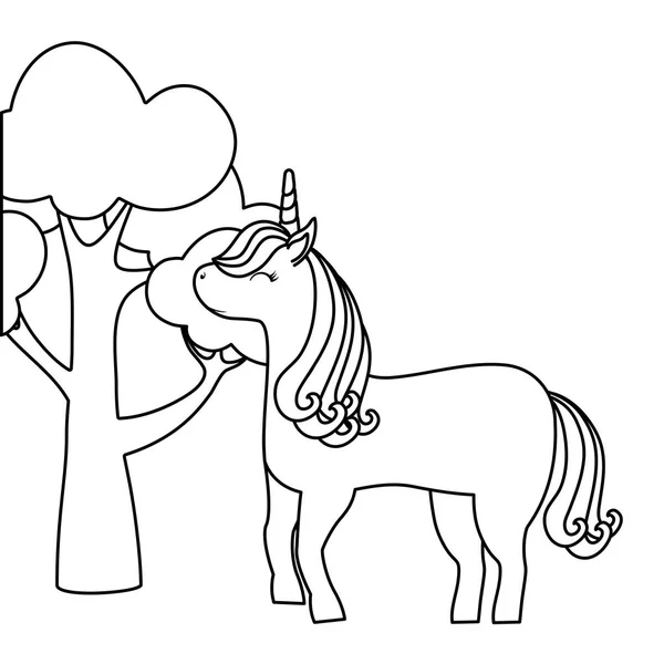 Drăguț animal unicorn cu plante de copac — Vector de stoc