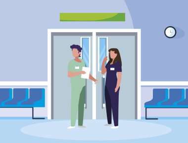 asansör kapıda çift tıp işçileri