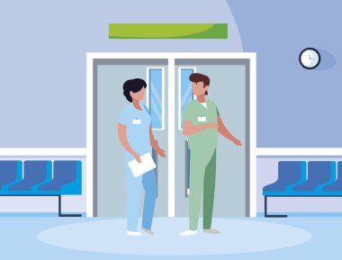 asansör kapıda çift tıp işçileri