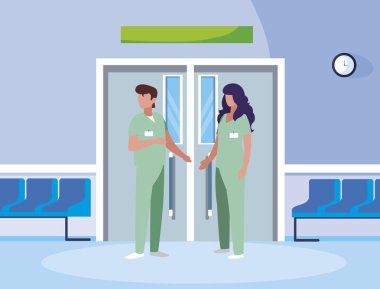 asansör kapıda çift tıp işçileri