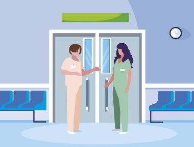 asansör kapıda çift tıp işçileri